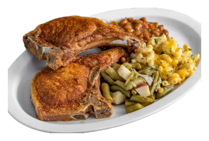 6 Deep fried pork chops, 3 large sides, 4 corn muffins