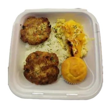 Samon Croquettes, Grits or Home Fries, 2 Eggs and a Buttermilk Biscuit