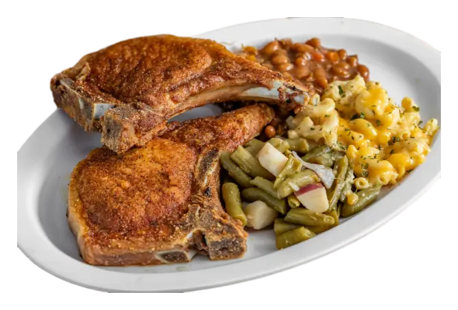 4 Deep fried pork chops, 2 large sides, 3 corn muffins